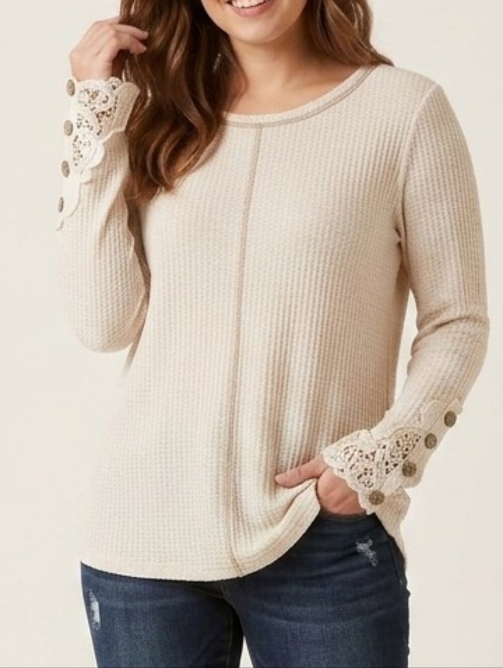 Bibi Thermal Top XL Waffle Knit Lace Oatmeal Beige Button Cozy Neutral Boho Chic